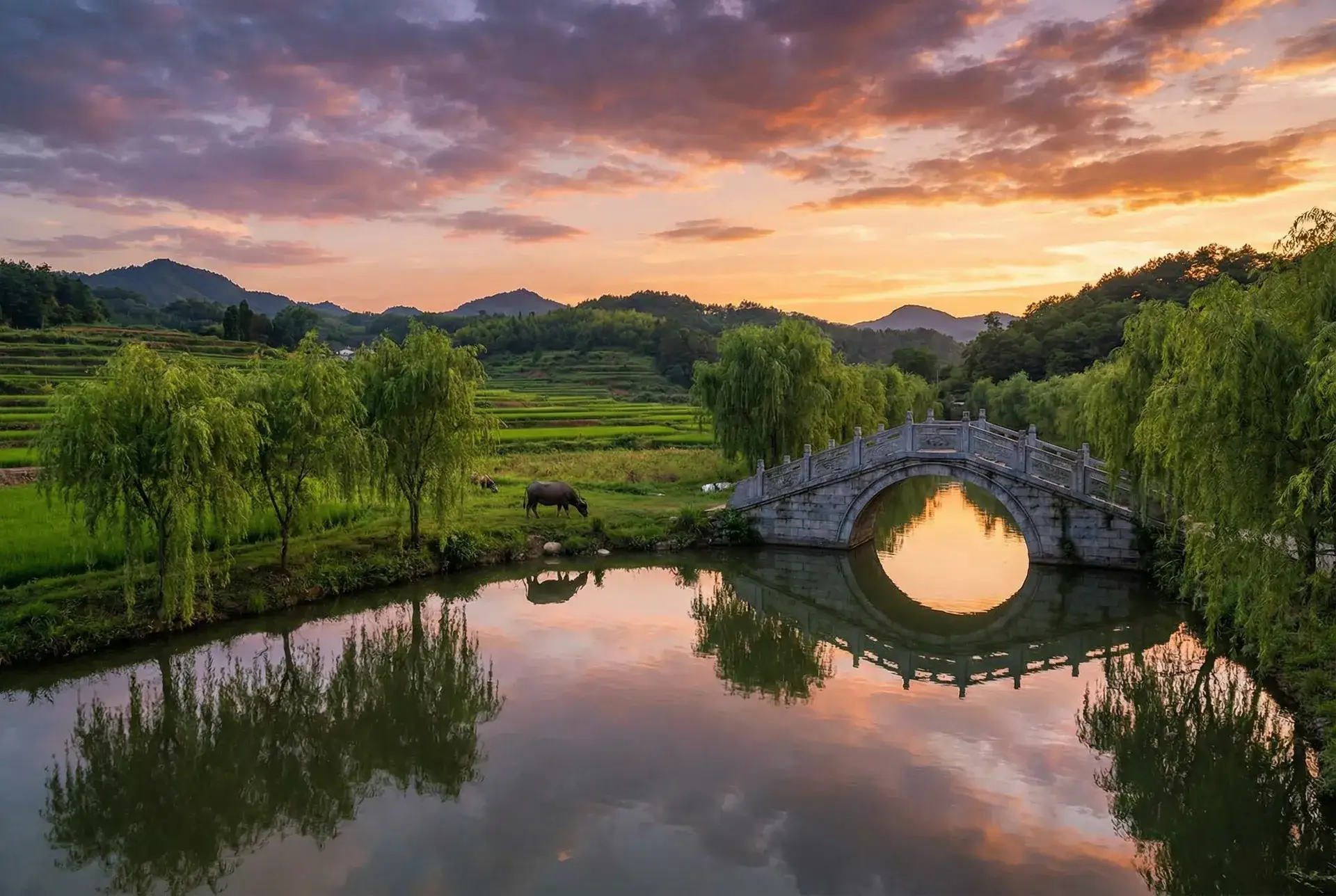 夕阳下的石拱桥与垂柳，水牛在河边吃草 - 老汉推车| 乡村美景