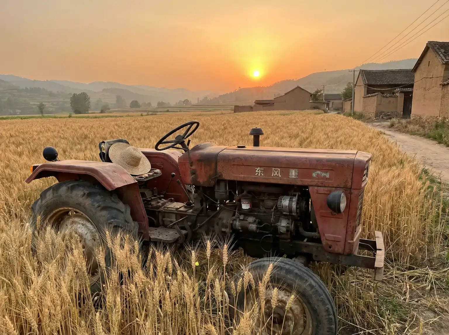 夕阳下的老式拖拉机停在麦田边 - 老汉推车| 田间记忆