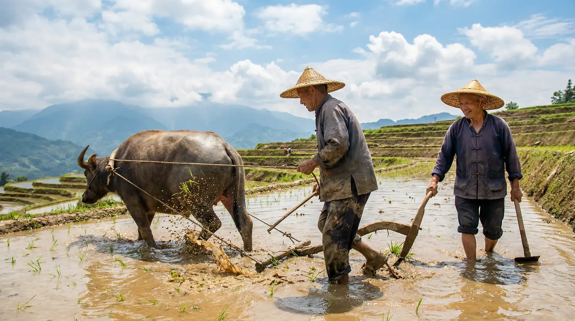 水牛犁田的乡村劳作场景 - 老汉推车| 农耕纪实